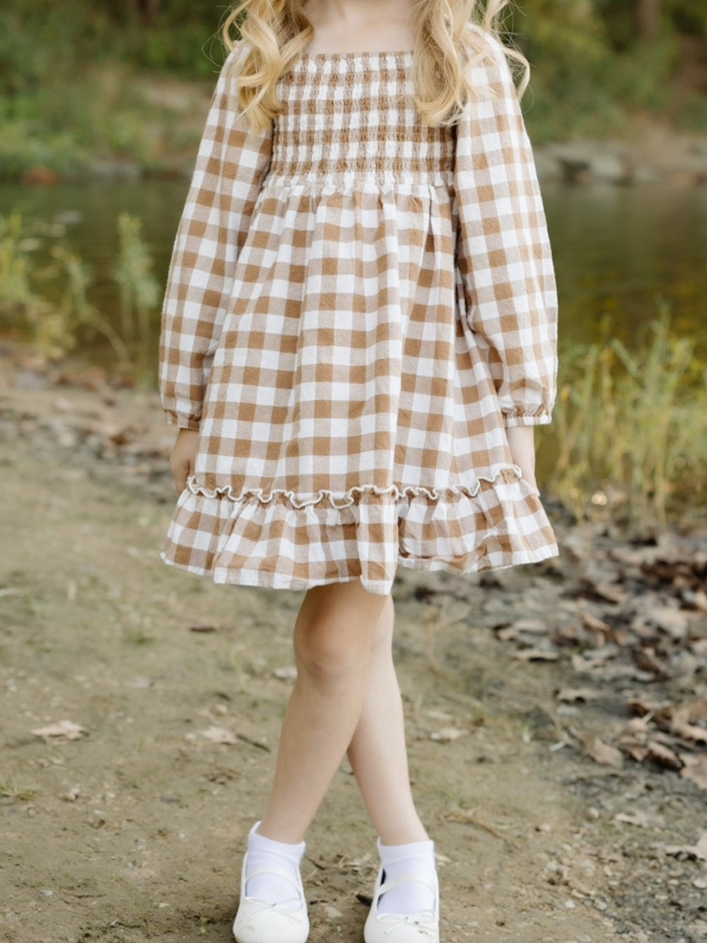 Caden Lane Beige and White Gingham Smocked Dress